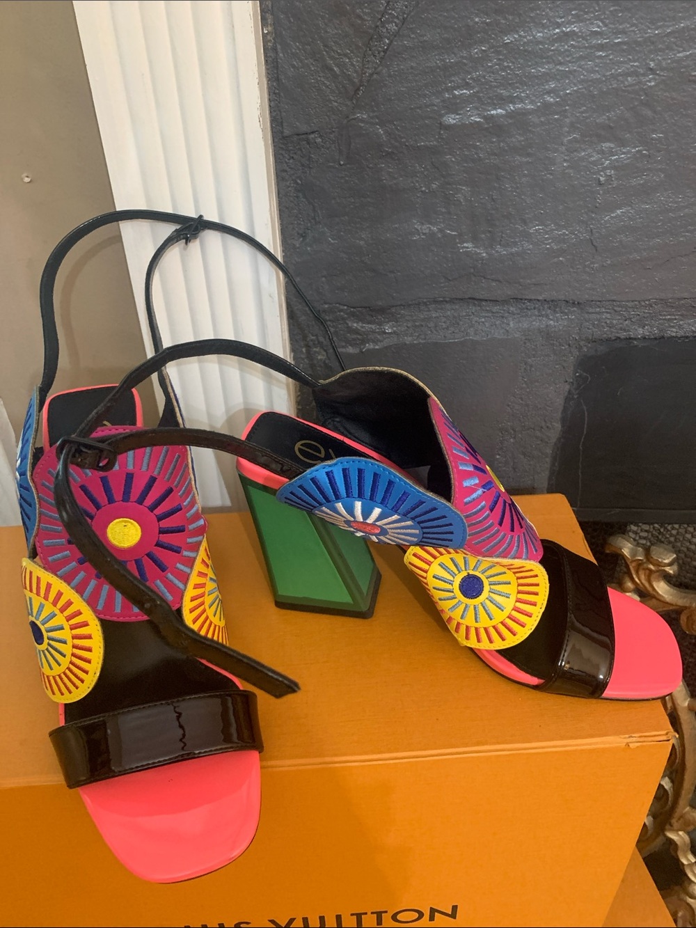EXE’ Multicolor Floral Cutout Slingback Heels - Black, Pink, Green